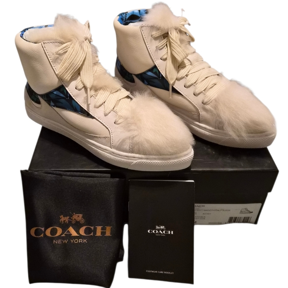 COACH C203 Soft Smooth/Calf Suede Fur High-Top Sneakers – Chalk – 6– New